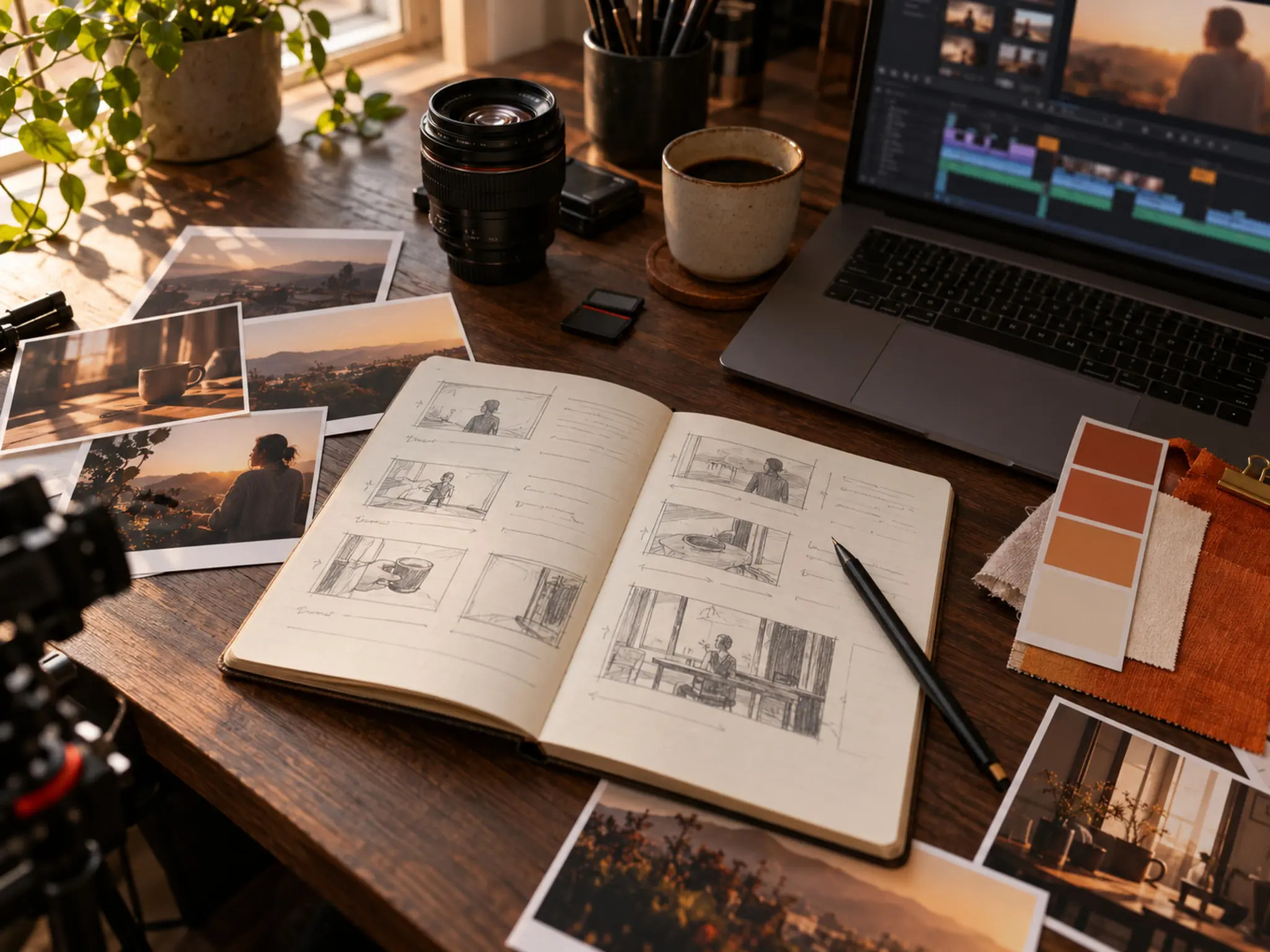 Kreativer Produktionsarbeitsplatz mit Storyboard, Kameraobjektiv, Referenzbildern und Schnittsoftware