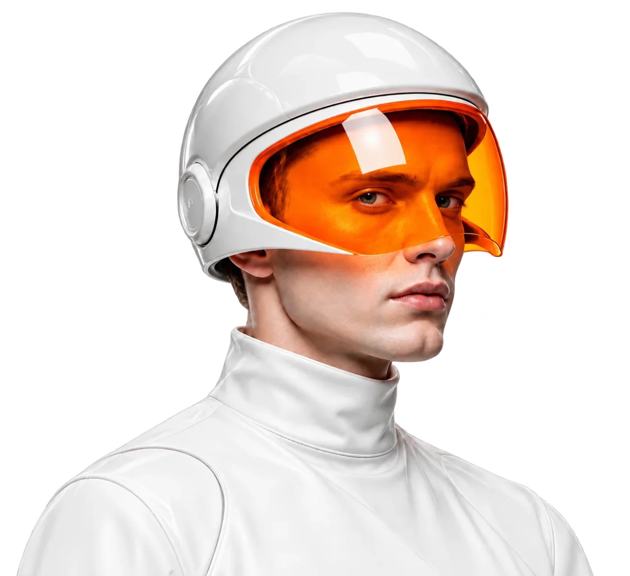 KI-generiertes Key Visual: Model mit geöffnetem Helmvisier