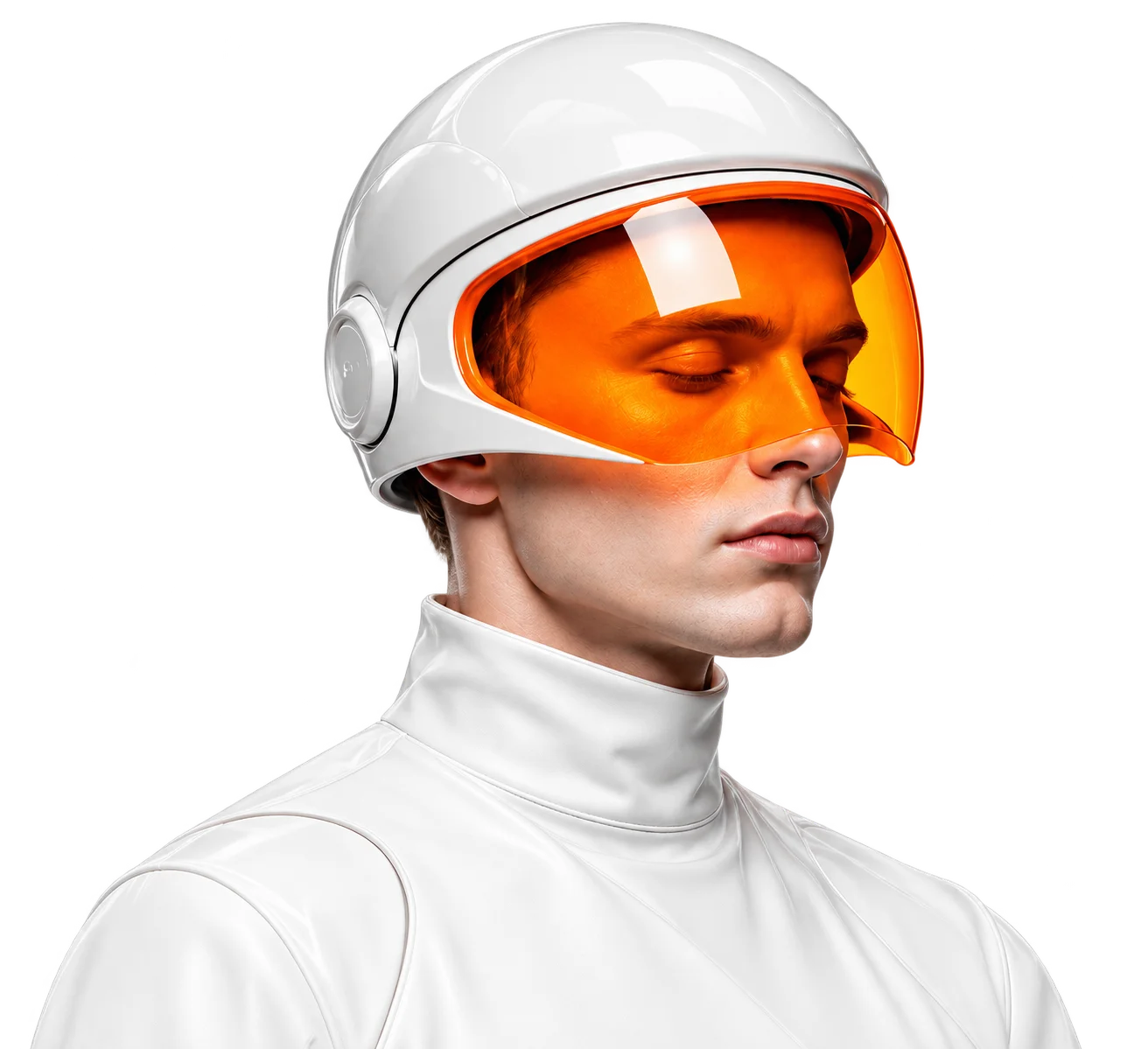 KI-generiertes Key Visual: Model mit weissem Helm und orangem Visier