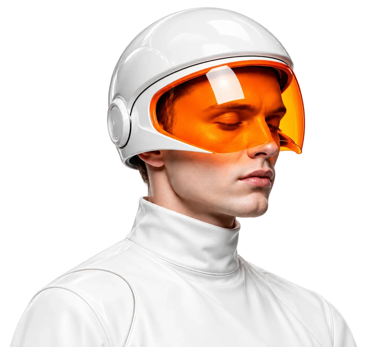 KI-generiertes Key Visual: Model mit weissem Helm und orangem Visier
