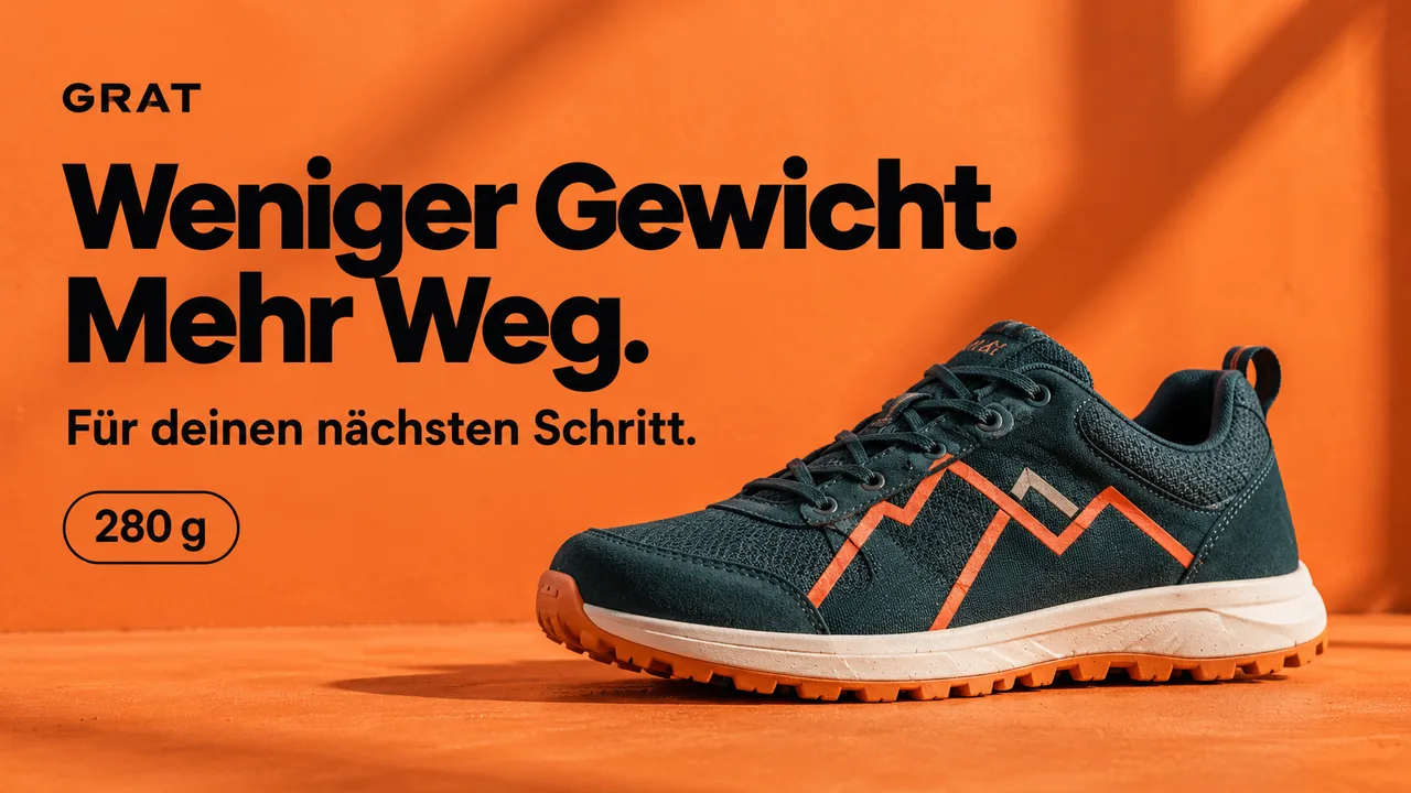 Ein Trailrunning-Schuh bricht aus einem Plakat und läuft auf den Gipfel