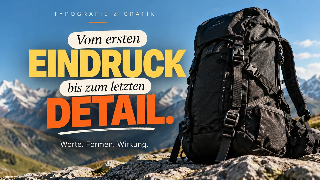 Eigenwerbung: Rucksack vor Alpenpanorama mit verspielter Typografie