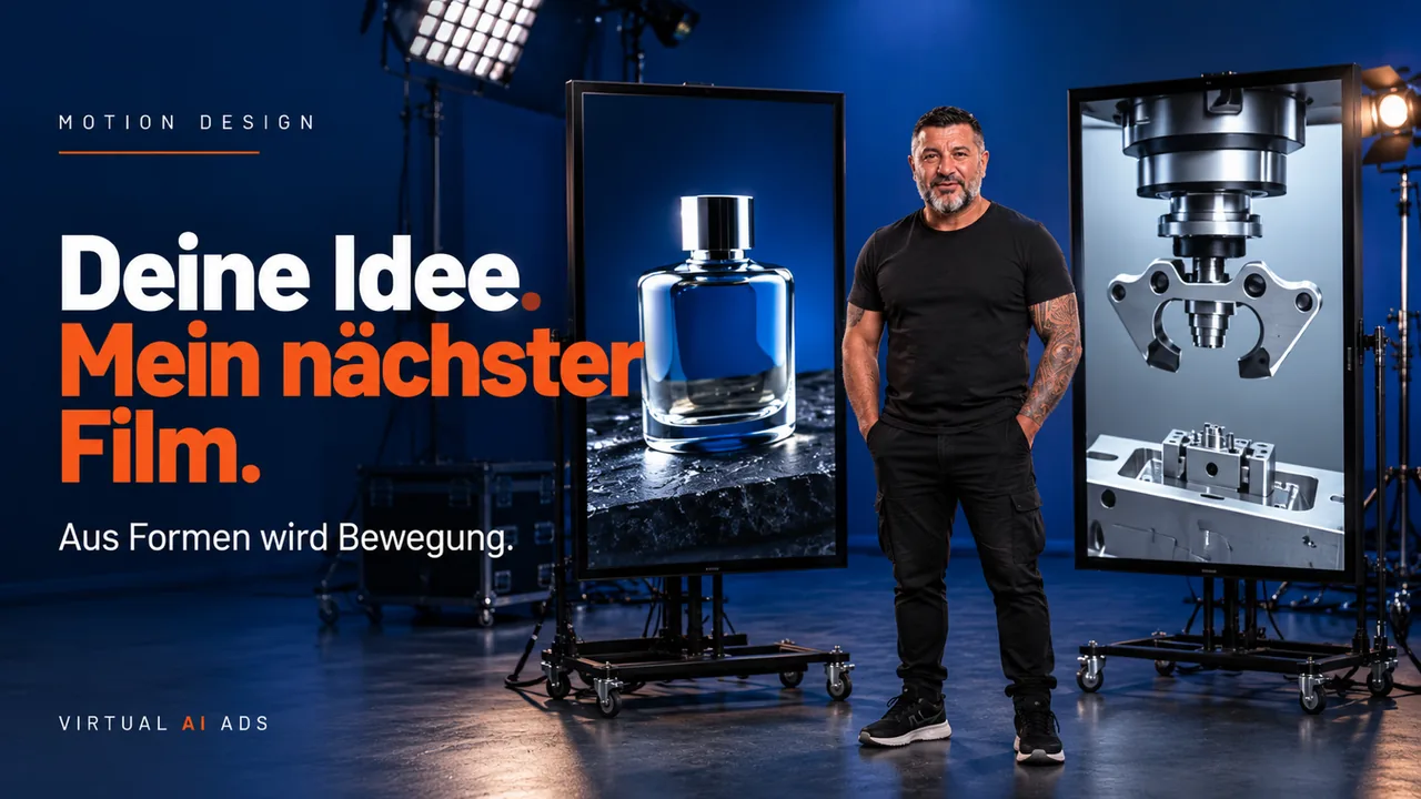 Eigenwerbung: Presenter im blauen Studio zwischen zwei Bildschirmen