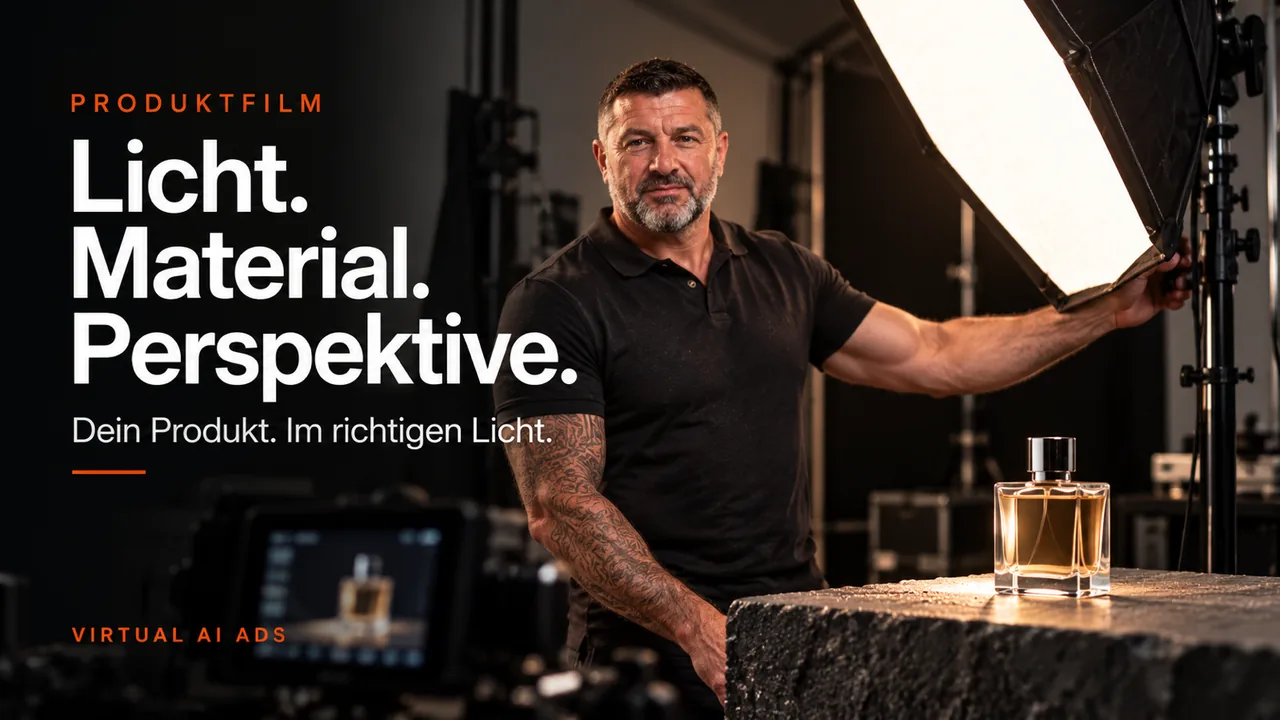 Eigenwerbung: Presenter im Fotostudio mit Parfumflakon, Typografie hinter der Person