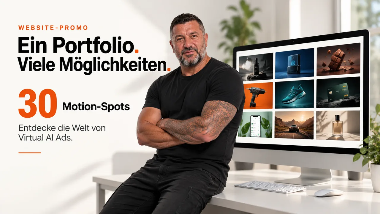 Website-Promo von virtualaiads.com mit Browser, Punktglobus und Seitenwand