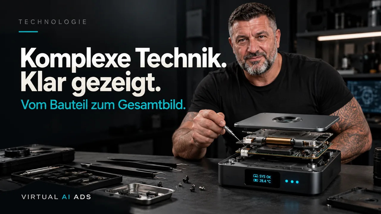 Eigenwerbung: Hightech-Gerät in Explosionsansicht und Dashboard