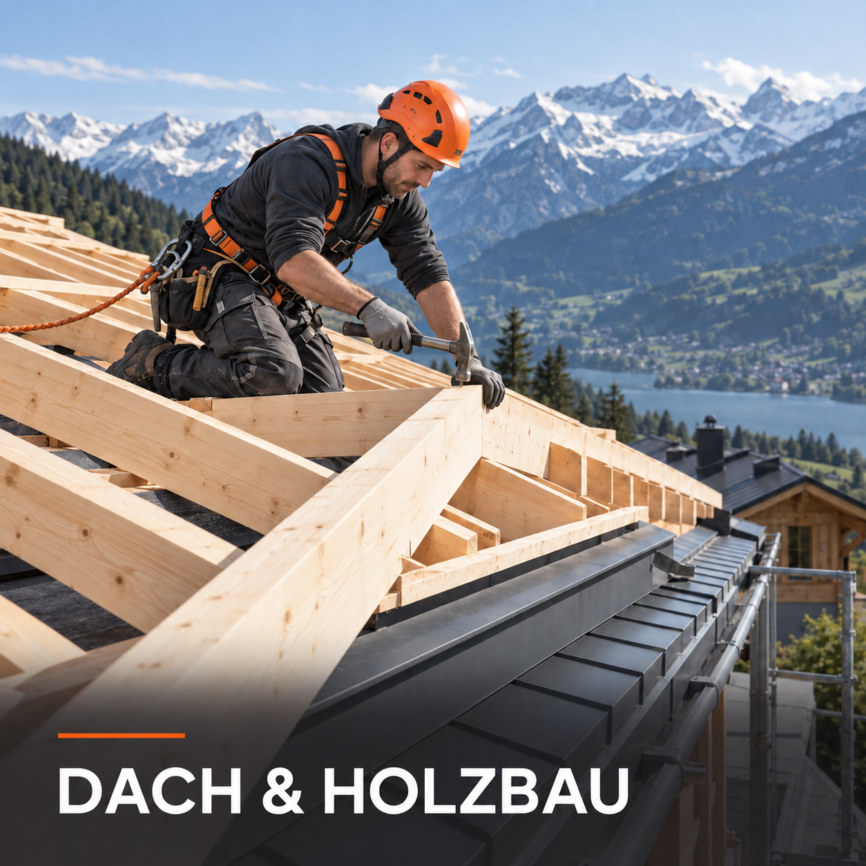 Zimmermann arbeitet an einem Holzdach vor Schweizer Alpen