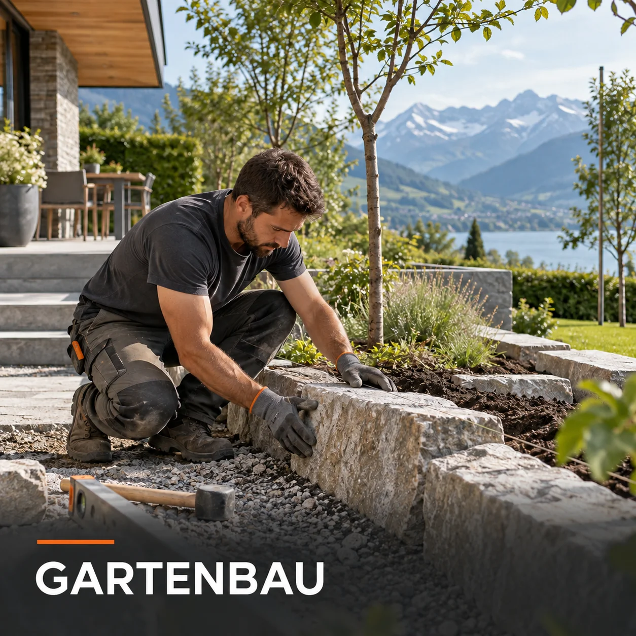 Gartenbauer gestaltet einen Garten mit Blick auf die Schweizer Berge