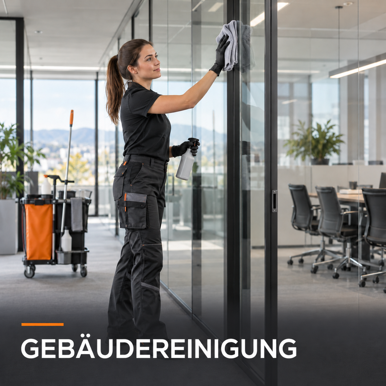 Reinigungskraft pflegt eine Glaswand in einem modernen Büro