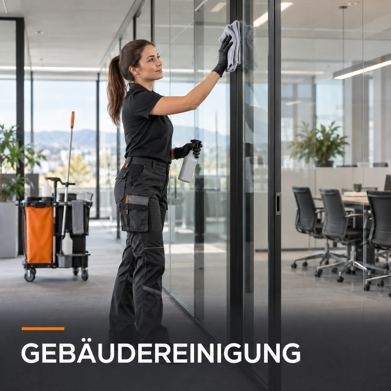 Reinigungskraft pflegt eine Glaswand in einem modernen Büro