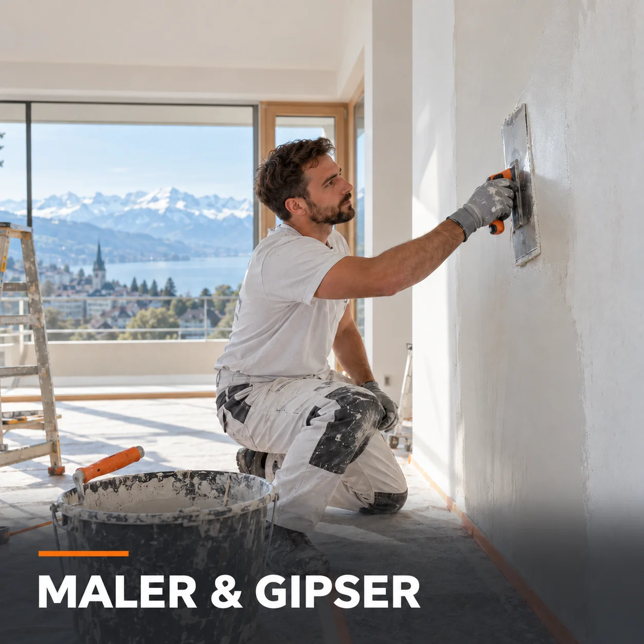 Maler bei Gipserarbeiten in einem Schweizer Wohnraum