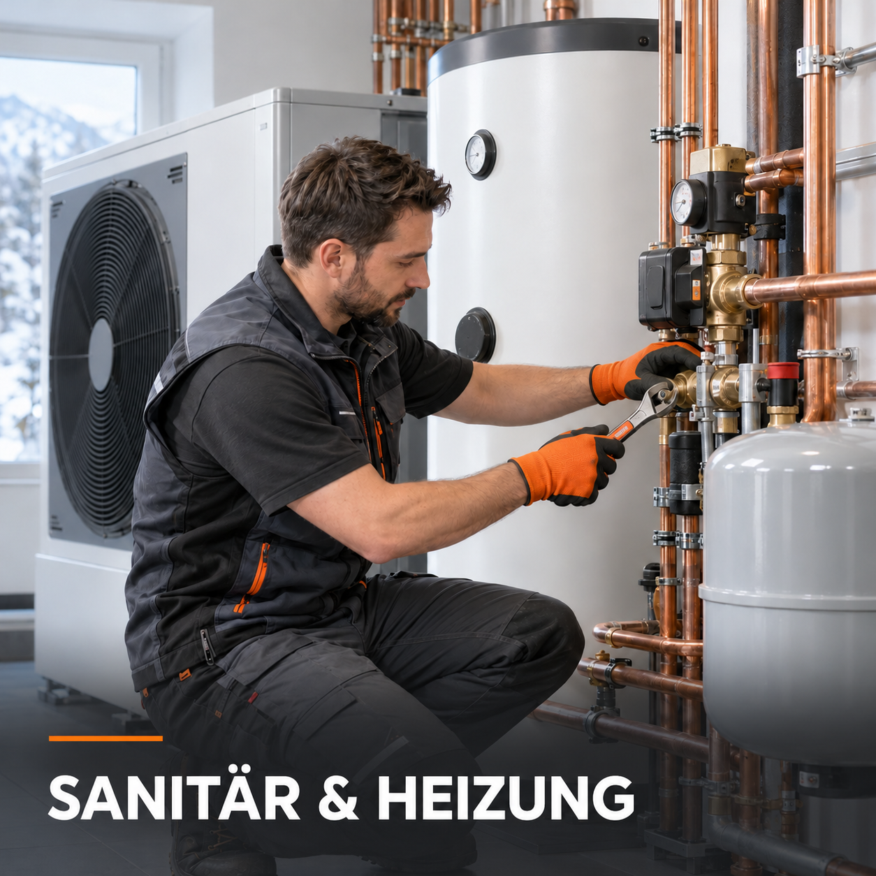 Sanitärfachmann wartet eine moderne Heizungsanlage