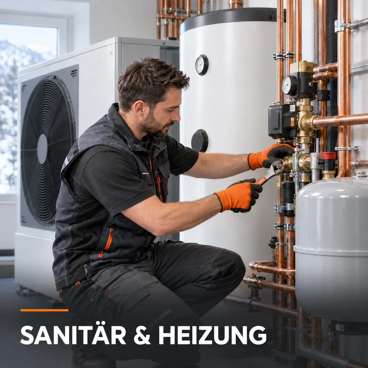 Sanitärfachmann wartet eine moderne Heizungsanlage