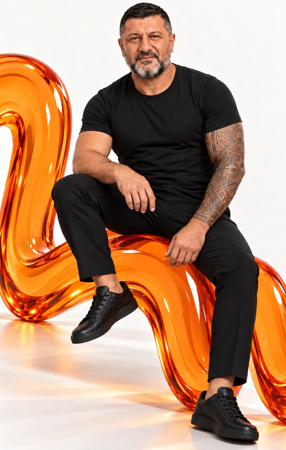 Turgay Özcelik auf einer orangefarbenen Glasskulptur